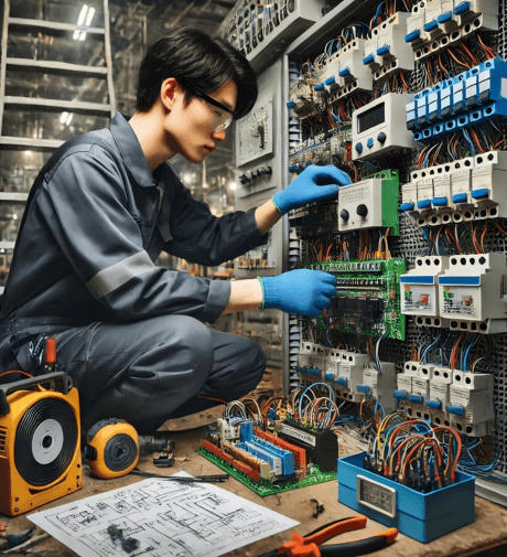 Technician assembling and troubleshooting an industrial control panel