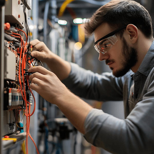 Engineer Inspecting PLC Wiring for Reliable Integration