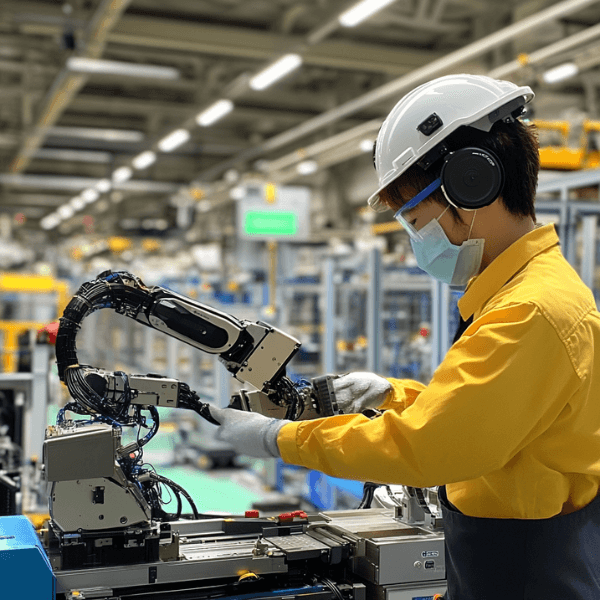 Factory Technician Operating Precision Robotic Arm