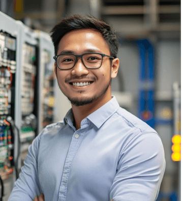 Friendly team member in an industrial automation setting