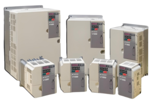 A range of variable frequency drives (VFDs) of different sizes, product lineup.