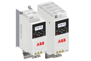 Two ABB ACS150 variable frequency drives with digital displays, side view.