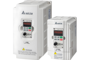 Delta VFD-M series drives, showcasing two sizes for various power applications.