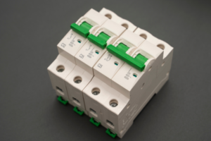 green-lever circuit breakers on dark background, suitable for electrical systems