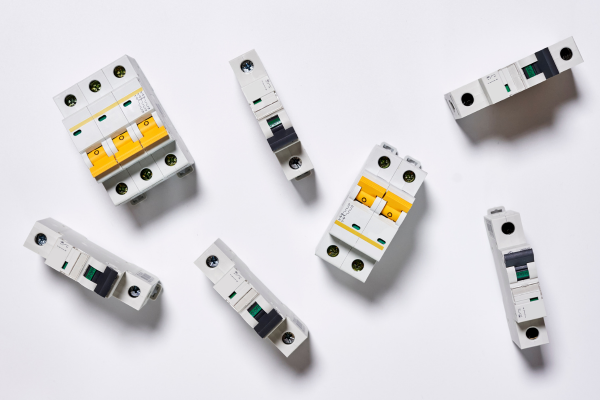 various circuit breakers on white background, highlighting design diversity