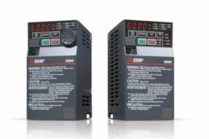 Mitsubishi E800 series inverters with detailed front panel controls.