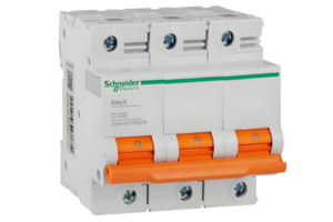 Schneider Electric Easy9 circuit breaker with three switches and orange levers.