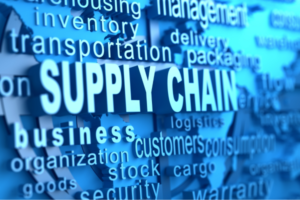 Supply chain concept with keywords and logistics terms.