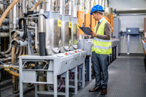 Worker inspecting machinery in an industrial facility, holding a clipboard.