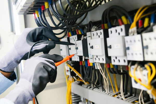 Technician repairing a circuit breaker in an electrical cabinet.